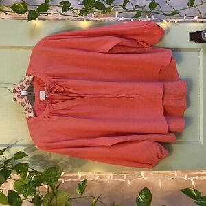 Women's New A Day Coral Salmon Balloon Sleeve Oversized Linen Top XS